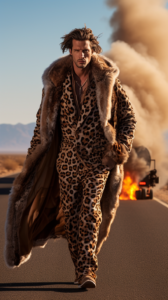 Welcome to a world where fashion photography meets cinema, where narratives are woven through imagery, and stereotypes are shattered. Our protagonist is a clean-shaven, short-haired Caucasian man, garbed in a luxurious leopard print gown, striding confidently away from a burning car, thumbing a ride under the blistering desert sun. • Colmado Blog • 2024 •