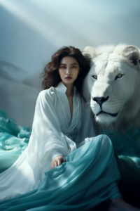 Imagine the scene: a beautiful Chinese woman dressed in a minimal, cyan Hanfu against the backdrop of an elaborate landscape. She stands next to a white lion, her face detailed with the intricacy of a work of art. This is no ordinary portrait, but a feast of color, culture, and creativity. • Colmado Blog • 2024 • Articles