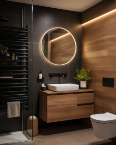 Step into a modern bathroom, where every detail contributes to the harmony of style and function. From heated towel rails to a stylish tondo mirror, and from the varying wood grains to the flat areas of color, this is a space that holds a wealth of hidden treasures. • Colmado Blog • 2024 •