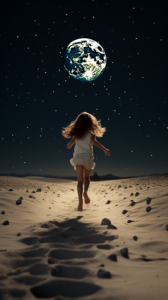 Have you ever looked up at the night sky and imagined something so fantastical, yet strangely familiar? Picture this: a young girl running on the moon's surface. Her footsteps, were light and weightless, creating whimsical patterns in the lunar dust. Her laughter echoed in the silent expanse of space. An impossible sight? Perhaps. But in the realms of imagination and creativity, impossibility becomes merely a challenge. • Colmado Blog • 2023 • Art, Artistic Interpretation of Moon, Bridging Fantasy and Reality in Space Exploration, Curiosity, Dreams, Exploration, Exploration of Space, Fantasy, Girl, Girl Running on the Moon, Human Aspiration and Exploration, Imagery and Emotion in Poetry, Imagination, Innocence, Innocence and Exploration, Literary Interpretations of Fantasy, Literature, Moon, Physics of Movement in Lower Gravity, Reality, Running, Science, Science Behind Running on the Moon, Symbolism, Symbolism in Art and Literature