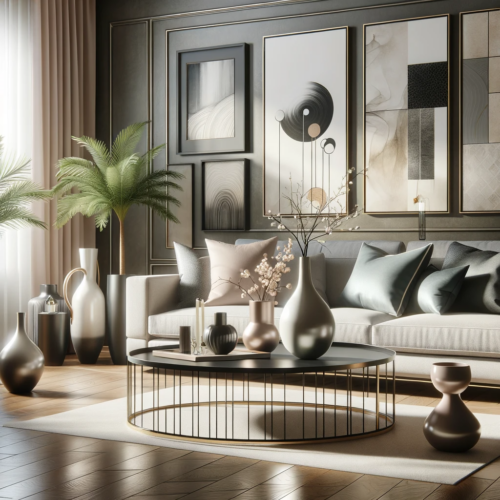 An image of a contemporary living room with modern art pieces and elegant vases. The room is stylishly decorated with a sleek sofa, a modern coffee ta