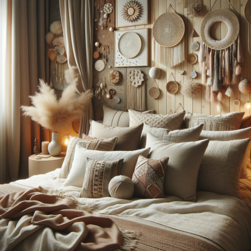 An image of a cozy bedroom with decorative pillows and unique wall hangings. The bedroom features a comfortable bed with a variety of textured pillows