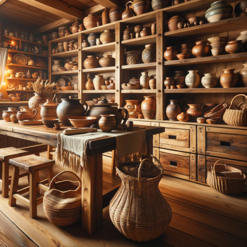An image of a rustic kitchen with handcrafted pottery and woven baskets. The kitchen is warmly decorated with wooden furniture, showcasing a large woo