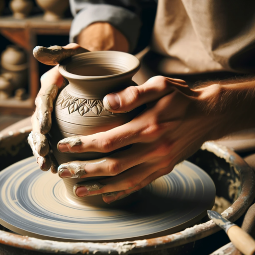 artisan's hands carefully shaping a decorative item. The hands are shown molding clay into a delicate vase on a pottery wheel,