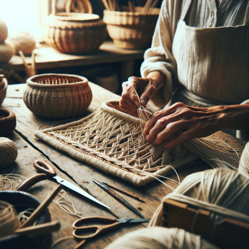artisan's hands intricately weaving a basket from natural fibers. The image captures the precision and traditional technique of